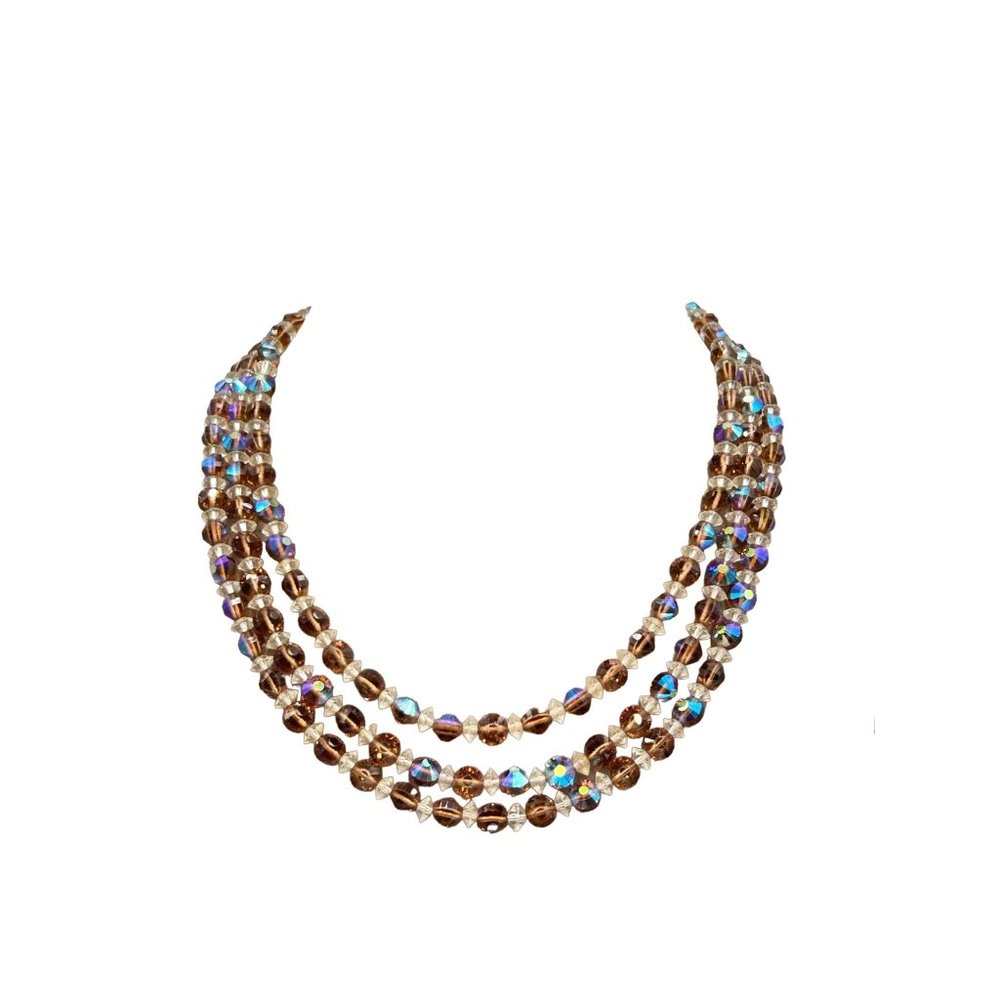Vintage Triple Strand Crystal Necklace Rhinestones Clasp Topaz Color Aurora